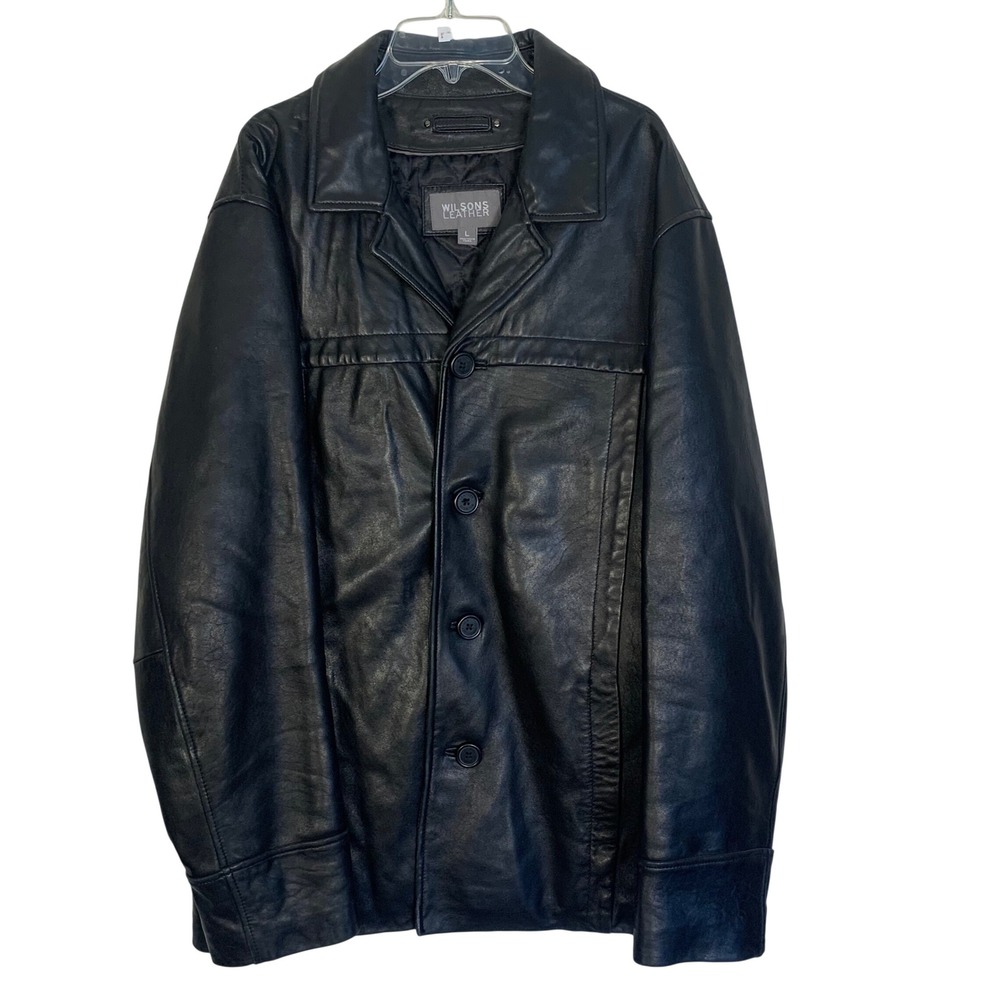 Wilsons Leather Mens L Black Leather Car Coat Quilted Lining Button Front Jacket